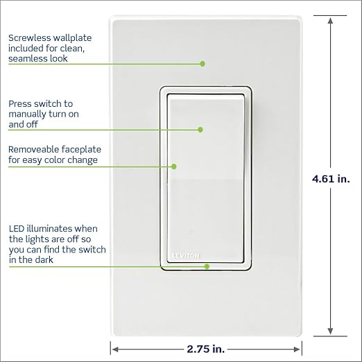 Leviton Decora Smart Switch, Wi-Fi 2nd Gen, Neutral Wire Required, Works with Matter, My Leviton, Alexa, Google Assistant, Apple Home/Siri & Wired or Wire-Free 3-Way, D215S-1RW, White (Pack of 2)