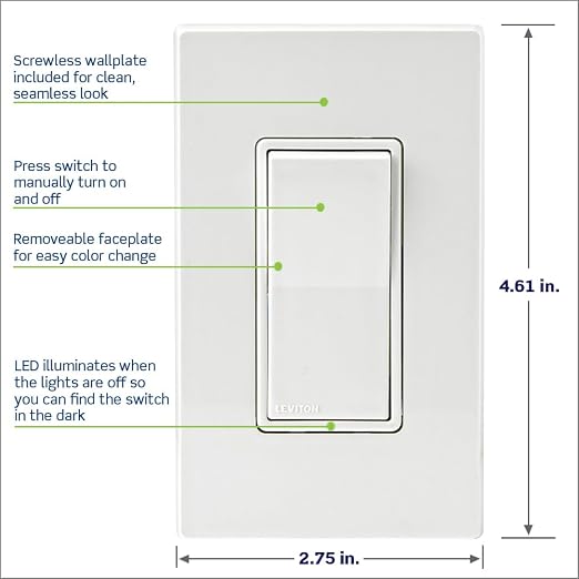 Leviton Decora Smart Switch, Wi-Fi 2nd Gen, Neutral Wire Required, Works with Matter, My Leviton, Alexa, Google Assistant, Apple Home/Siri & Wired or Wire-Free 3-Way, D215S-1RW, White