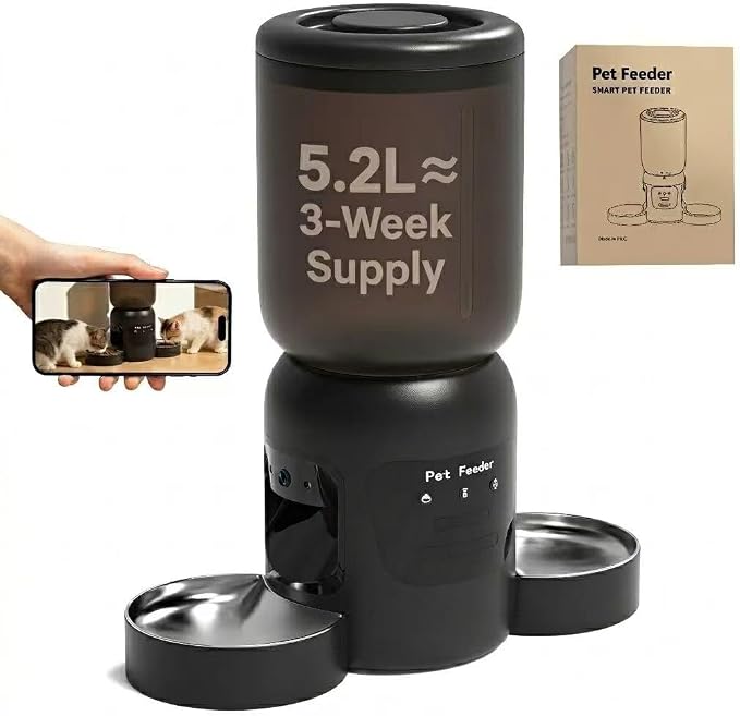 Automatic Cat Feeder with Camera, 5.2L Smart Cat Food Dispenser for Multi-Pet Homes, 170° Wide Angle Night Vision Auto Cat Feeder for Cats and Dogs, 5G WiFi App Remote Control for Busy Families, Black