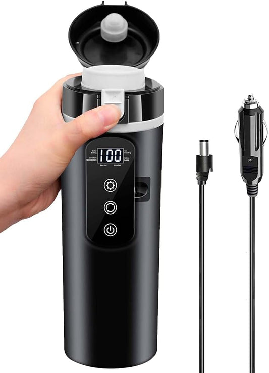Intelligent 12V Car Electric Kettle with Touchscreen, 13.5oz Travel Kettle, 304 Stainless Steel, Leak-Proof Lid, Variable Temperature (113-212°F) for Coffee, Tea & Milk – Ideal for Trucks, Buses, Cars