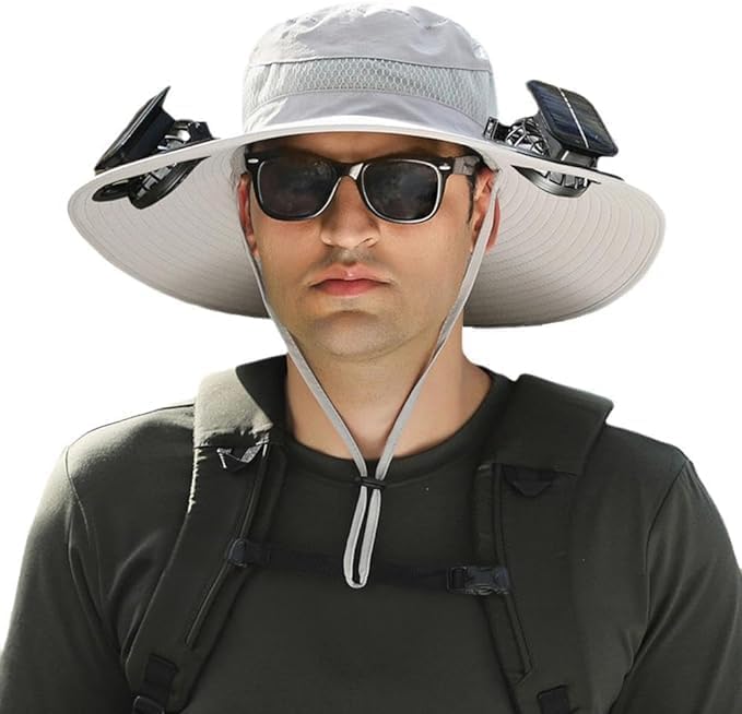 Solar Powered Fan Hat for Men Women Wide Brim Hat with 2 Fans UPF 50+ Outdoor Fishing Beach Sun Hat