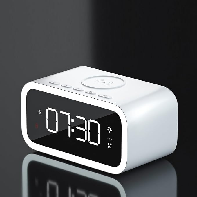 IHAO 5in1 Multi-Functional Alarm Clock with Wireless Charging 15W Fast Charger for Phone & Earbuds 3 Group Alarms, Dimmable Night Light, USB Port, Digital Clock Adjustable Light Mini Mirror QXF-805