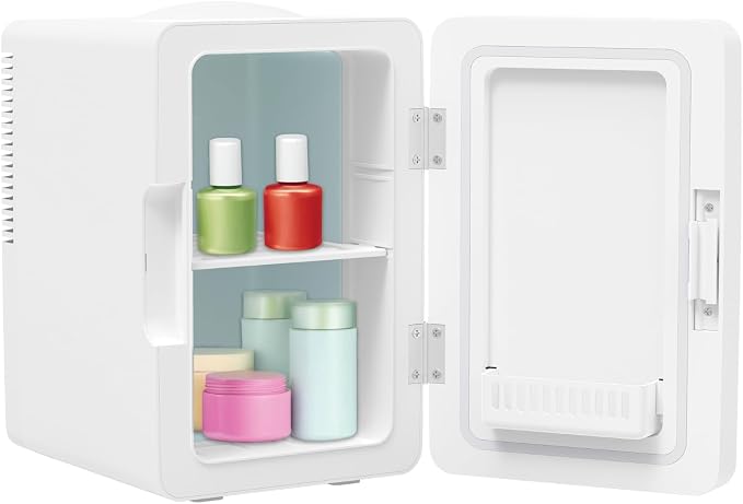 ELLE 6L Mini Cooler Fridge with LED Makeup Mirror for Skincare & Cosmetic Storage Cooler & Warmer Removable Shelf Carrying Handle AC DC Power Options Small Refrigerator for Bedroom Car Office White