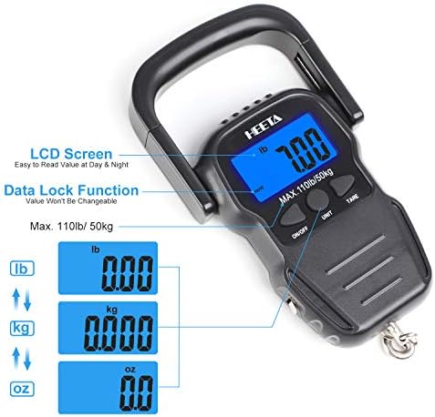 HEETA Fish Scale with Backlit LCD Display, Up to 110lb/50kg, 2 AAA Batteries Included (Black) Bundled with Waterproof Dry Bag with Front Zippered Pocket for Women Men (Blue 5L)