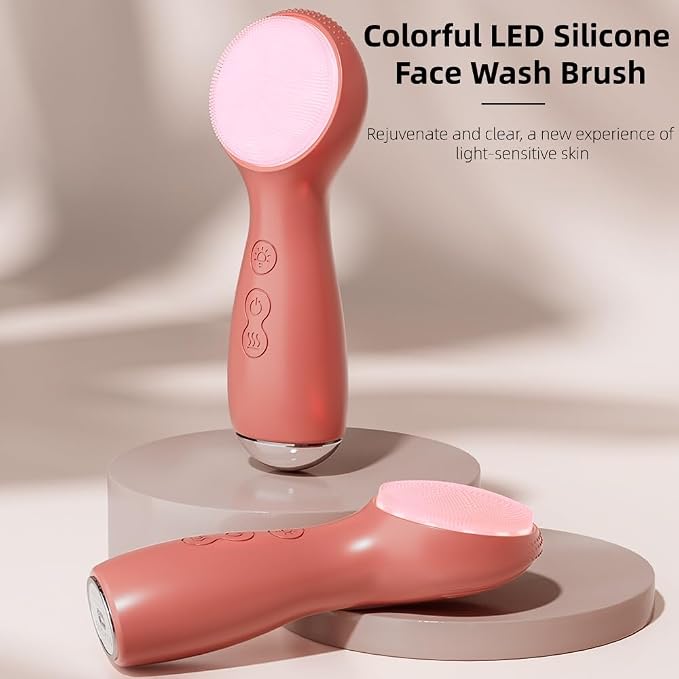 Colorful LED Silicone Face Wash Brush - Sonic Vibration Face Cleaner with Heat Sensation, 3 Modes & Ergonomic Handle, Waterproof Electric Face Brush for at-Home Spa & Travel Skincare (Dark Brown)