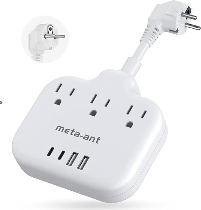 European Travel Plug Adapter 3 inch, International Plug Adapter, US to Europe Plug Adapter with 3 Outlets 4 USB Ports(2 USB C), Type E F Power Adapter to EU Germany Spain France Portugal Iceland