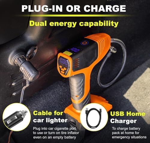 EMSON Bullseye Pro ASON TV Digital Tire Inflator Automatic 150 PSI w/Gauge Display Screen & Pre-set Pressure in KPA,PSI,BAR,Kg/cm,Built-in LED Lights,Rechargeable,Air Compressor,Car Tire Pump,Orange