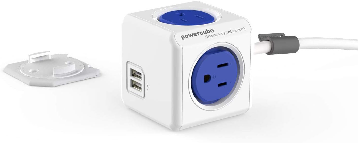 Allocacoc, PowerCube |ExtendedUSB|, 4 outlets, 2 USB Ports, 5 feet cable, Mounting dock, Surge Protection, Childproof Sockets, ETL Certified (Blue)