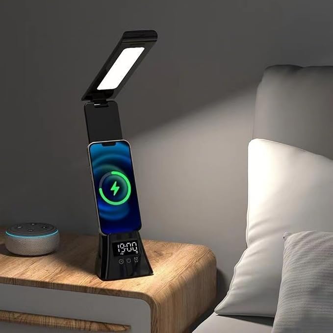 IHAO 3in1 Foldable Eye-Care Desk Lamp with 15W Wireless Charger & Digital Clock Touch Control, 3 Color Temperatures, Alarm, 180° Foldable, Phone Stand, Modern LED Table Lamp TYV-2088 Black