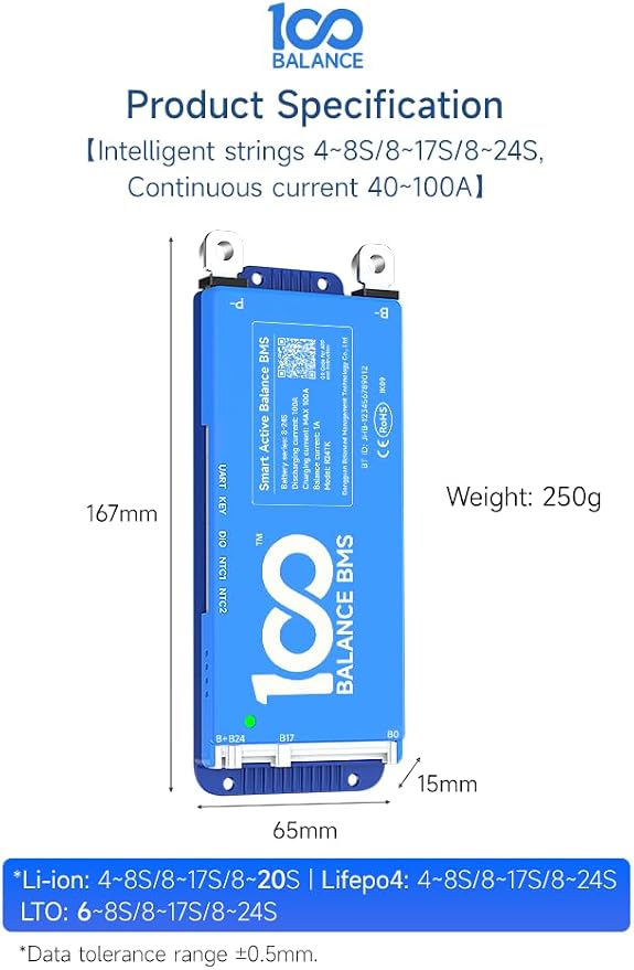 100BALANCE BMS 80A Active Balance 1A 4S-8S Build in Bluetooth Cell Balancing Smart PCB Battery Protection Board for Li-ion/Lifpo4/LTO Lithium Battery Pack