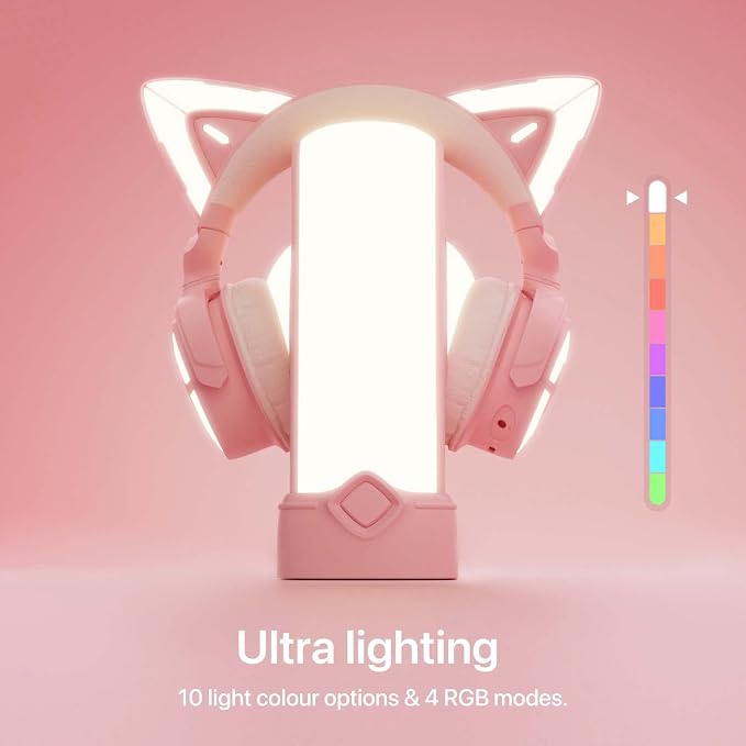 YOWU RGB Headphone Stand with Charger - 4 in 1 Docking Station & 10 Magical Light Modes - Cool Gaming Accessories (Pink)