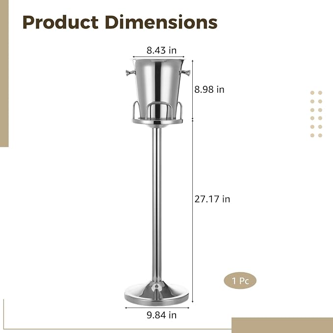 1.32 Gal Stainless Steel Ice Bucket with Stand, Silver Bucket with Weighted Base, European Wine Chiller On Stand for Parties, Weddings, Events, 36.14 x 9.84 in