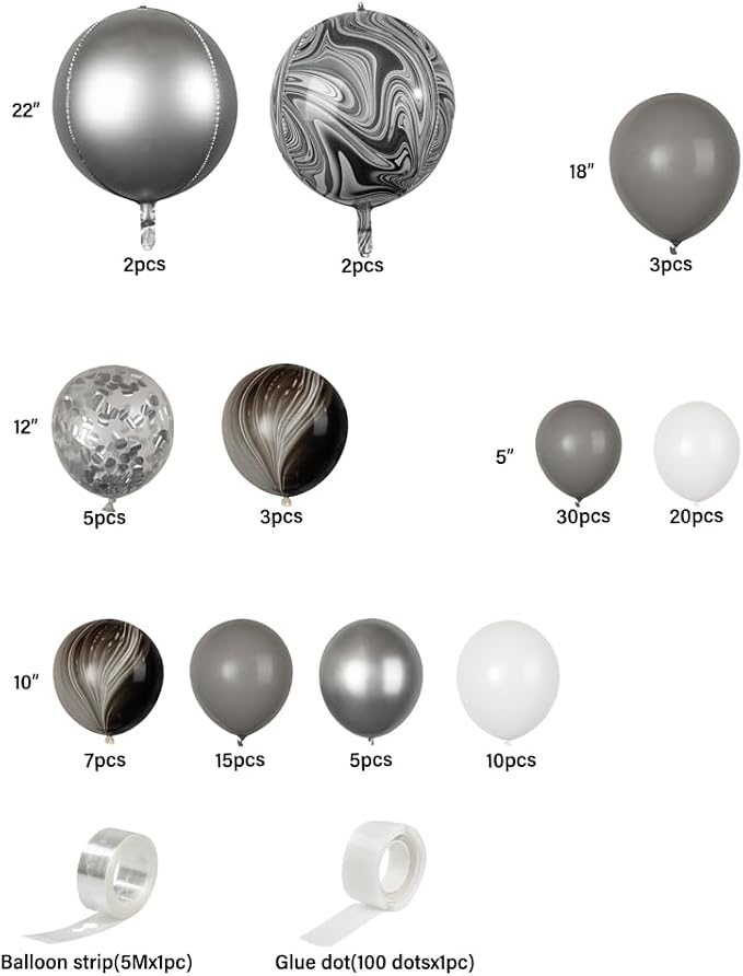 Restaurantware-Balloonify Balloon Garland Set, 1 Party Decoration Kit - 102 Balloons, With Chain, Gray & Metallic Silver Latex Balloon Arch Kit, Includes Glue Dots