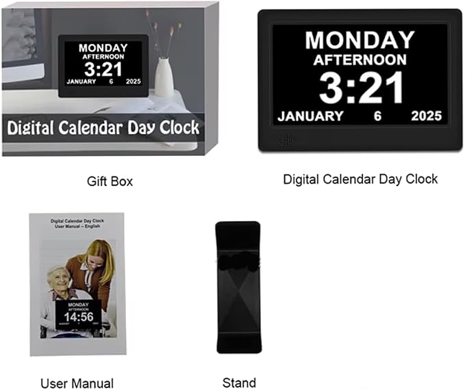 Large Display Digital Day Clock for Elderly - Alzheimer's & Dementia Clock, Multiple Alarms- Medication, Doctor, Easy Read, Auto Dimming, Memory Loss Aid, Multi-Language New 2025 (Black)