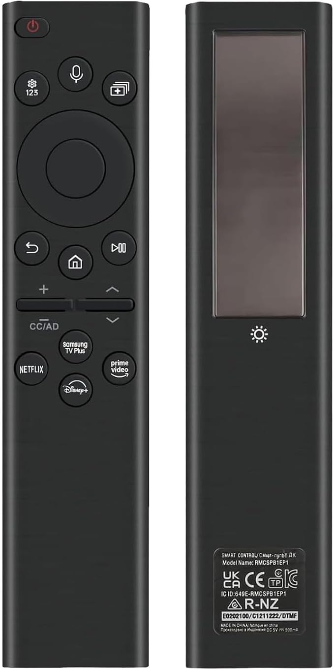 Rechargeable TV Remote for Samsung Smart TVs, Replacement for All 2019-2026 Samsung TV Remote Control with Voice Control. USB-C Fast Charging. Solar Charging. 2-Year Warranty.