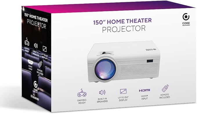 Core Innovations Mini Projector Portable Home Theater Projector, 150"" Display, HDMI USB VGA Compatible Movie Projector for Bedroom, Indoor & Outdoor Use, Built-in Speaker, Remote Control (White)