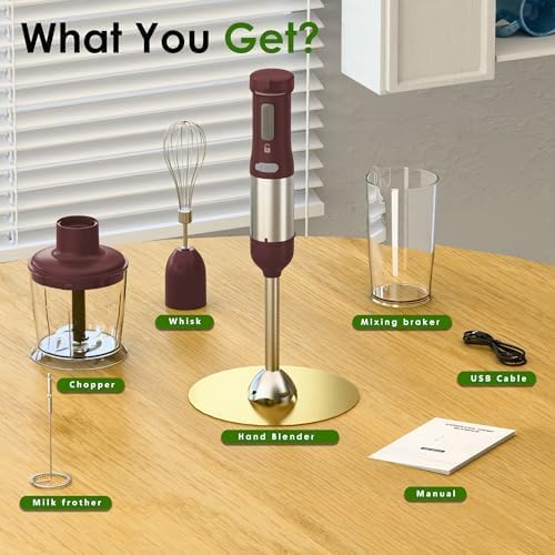 Cordless Immersion Hand Blender, 5-in-1 Variable Speed blender handheld,Rechargeable with 2000mAh Battery, BPA-Free & Dishwasher-Safe Accessories:700ml Beaker,Chopper,Whisk & Milk Frother,Red