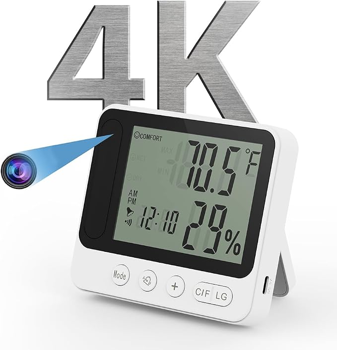 MINI-Hidden-WIFI -Wireless-Secruity-Camera,4K Real FULL HD Nanny Cam With Hygrometer Thermometer Clock,Night Vision&Motion Detection Alerts.Mobile Phone APP Control,Support 2.4G &5G For Home Office