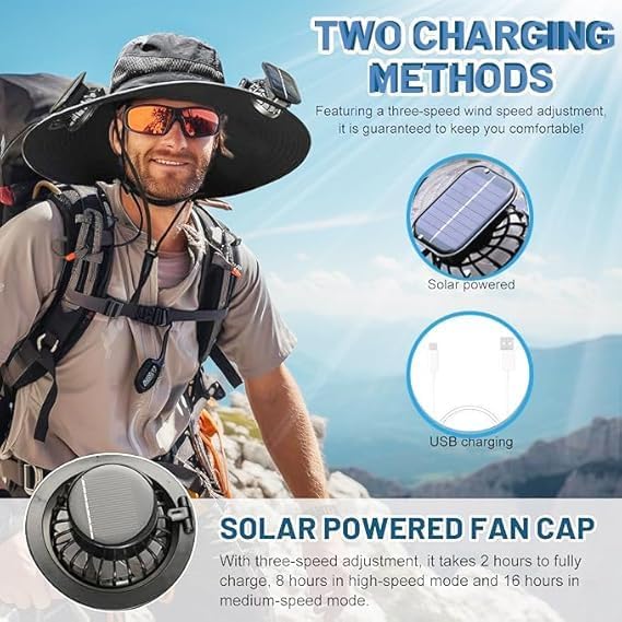 Outdoor Wide Brim Sun Hat with 2 Solar Fan Sun Bucket Hat for Men Women UPF 50+ Bucket Fishing & Beach Hat with Fan Built in