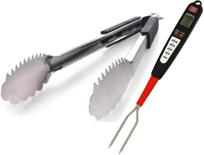 Digital Meat Thermometer and Heavy Duty Tongs BBQ Tools for Grilling Smoking Outdoor Cooking Instant Read Accurate Temperature Probe Long Metal Flipper with 3 Side Silicone Handle