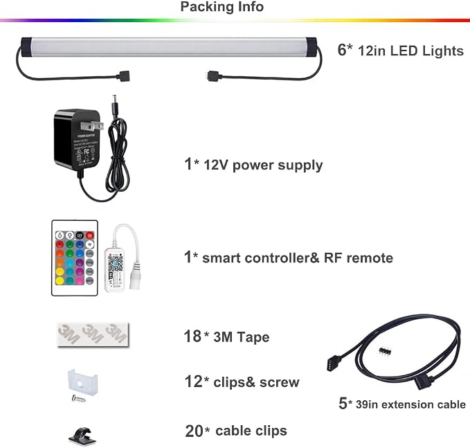 Under Cabinet LED Lighting, Dimmable Under Counter Lights, WiFi Smart Controlled,RGB,12 Inch, Multicolor Linkable Lamps with Remote Control, Compatible with Alexa Google Home (6 Pack)