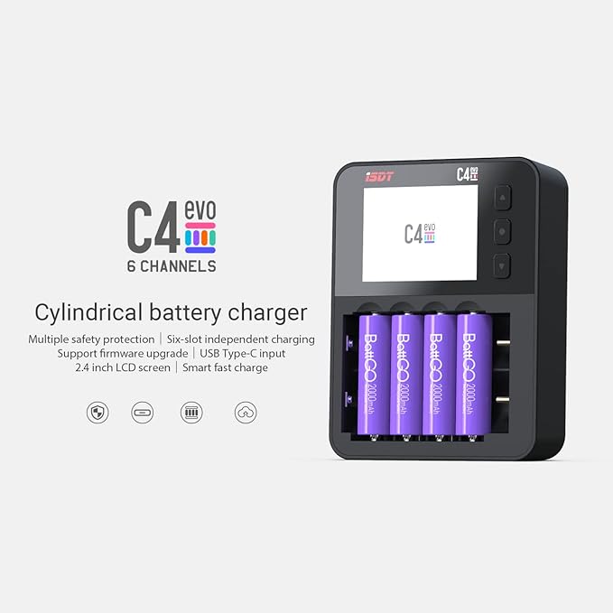 ISDT C4 EVO Fast Battery Charger 6-Bay AA AAA 18650 21700 Smart Battery Analyzer Tester for 1.5v Li-ion 1.2v Ni-MH Ni-Cd NiZN Rechargeable Batteries with Discharge Refresh 36W USB-C Input