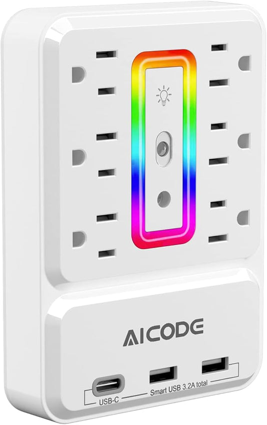 Outlet Extender with USB C, AICODE Multi Outlet Surge Protector with Nightlight, 6 Outlet Wall Plug with USB (3 USB A and 1 USB C),Wall Mount Multiple Plug Outlet Power Strip for Home,Dorm, Office