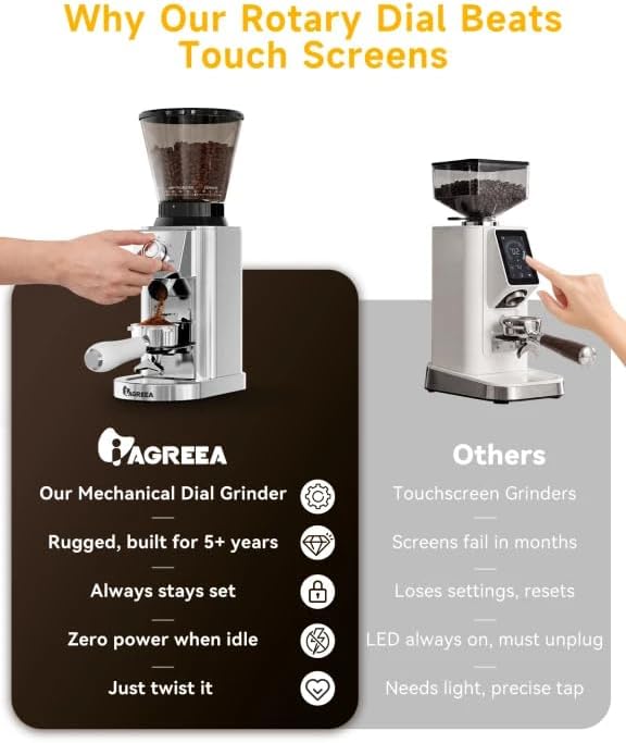IAGREEA Conical Burr Coffee Grinder, 48 Grind Settings, 450RPM Low-Speed Anti-Static, Precision Timer, Portafilter Holder for Espresso, Drip, French Press, Cold Brew, Stainless Steel