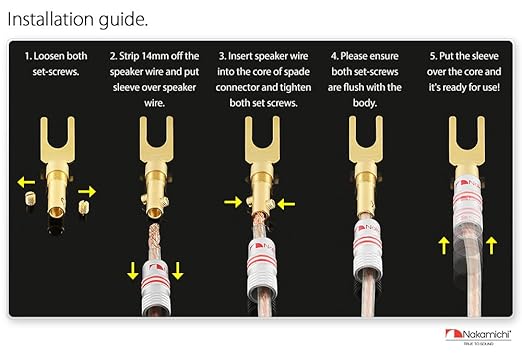 Nakamichi Excel Series 24k Gold Plated Spade Y Banana Plug 12-18 AWG Gauge Size 4mm for Speakers Amplifier Hi-Fi AV Stereo Home Theatre Audio Wire Cable Screw Connector, 2 Pcs (1-Pair)
