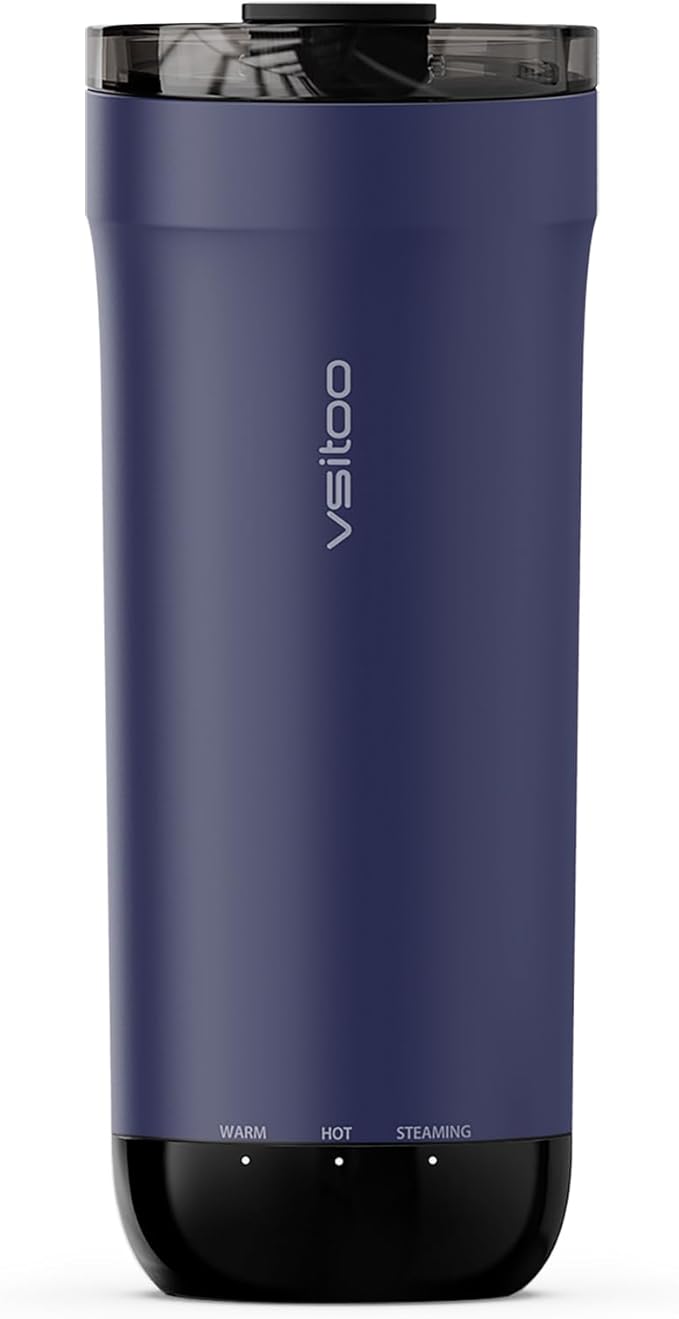 Vsitoo S5 Self Heating Travel Mug 16oz, Rechargeable Coffee Mug with Car Charger Kit, AI Auto-Sensing Temp Control Heated Cup for Home Office Car, App Control, Gift Women Men - Blue