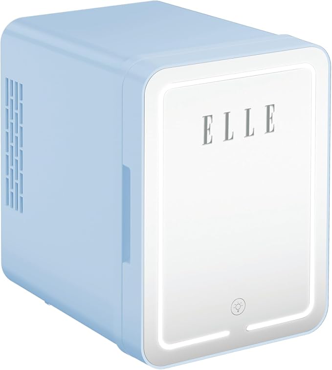 ELLE 4L Mini Cooler Fridge with LED Makeup Mirror for Skincare & Cosmetic Storage Cooler & Warmer Removable Shelf Carrying Handle AC DC Power Options Small Refrigerator for Bedroom Car Office Blue