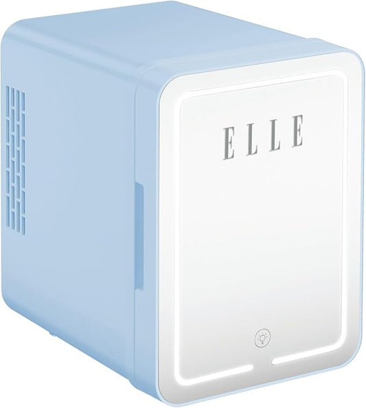 ELLE 4L Mini Cooler Fridge with LED Makeup Mirror for Skincare & Cosmetic Storage Cooler & Warmer Removable Shelf Carrying Handle AC DC Power Options Small Refrigerator for Bedroom Car Office Blue