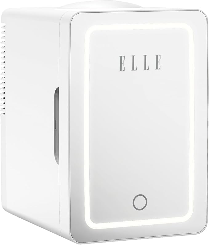ELLE 6L Mini Cooler Fridge with LED Makeup Mirror for Skincare & Cosmetic Storage Cooler & Warmer Removable Shelf Carrying Handle AC DC Power Options Small Refrigerator for Bedroom Car Office White