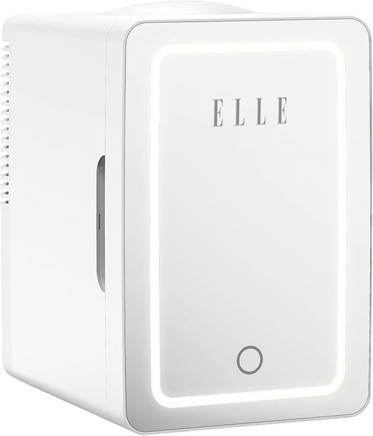 ELLE 6L Mini Cooler Fridge with LED Makeup Mirror for Skincare & Cosmetic Storage Cooler & Warmer Removable Shelf Carrying Handle AC DC Power Options Small Refrigerator for Bedroom Car Office White