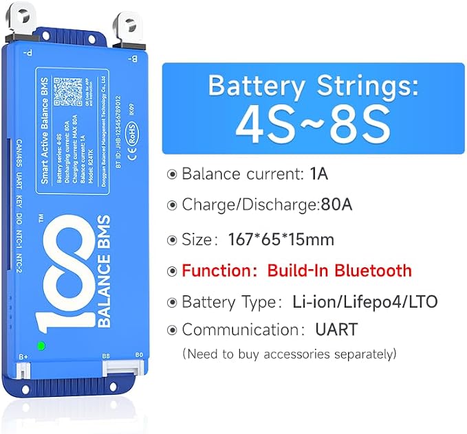 100BALANCE BMS 80A Active Balance 1A 4S-8S Build in Bluetooth Cell Balancing Smart PCB Battery Protection Board for Li-ion/Lifpo4/LTO Lithium Battery Pack
