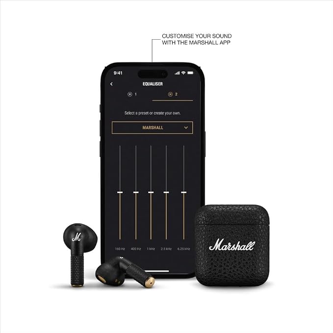 Marshall Minor IV True Wireless Bluetooth Earbuds - 30+ Hr Playtime with Charging Case | Microphone for Calls | IPX4 Water-Resistant Design - Black