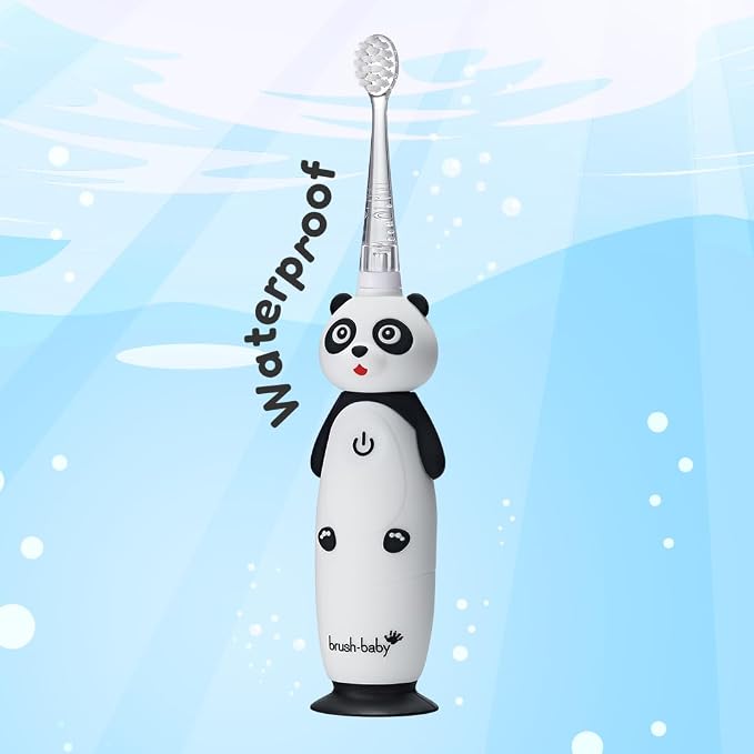 BrushBaby - WildOnes - Kids Rechargeable Electric Toothbrush, Ages 0-10 - Panda Design with Flashing Lights - DeepClean Bristles for Superior Cleaning - 2 Replacement Brush Heads, 1 USB Cable
