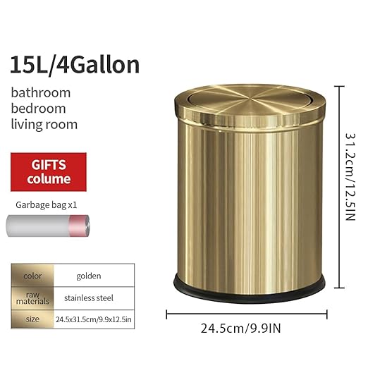 15L/4GAL Gold Bathroom Trash Can, Small Waste Basket with Flipping Lid, Golden Garbage Can for Bathroom,Living Room,Hotel,Office(Singer Gold)