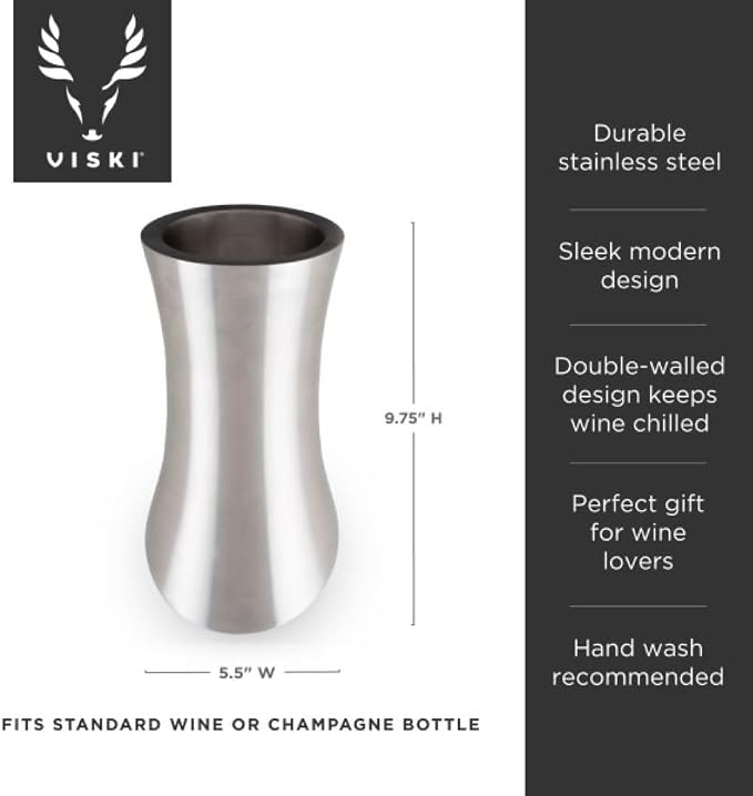 Viski Convex Wine Chiller, Double Wall Wine Cooler, Single Bottle Wine Chillers for Bottles, Stainless Steel Drink Cooler Set of 1