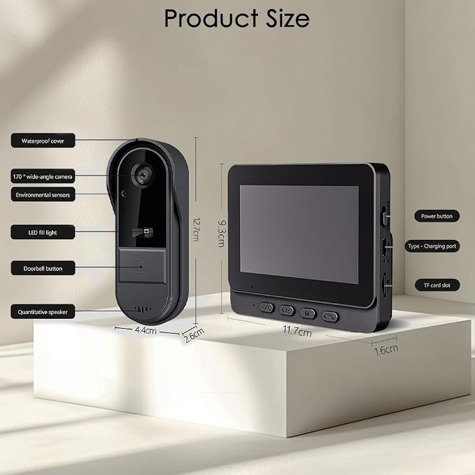 TKMARS Doorbell Camera Wireless No Subscription 1080P, Waterproof Door Bell Camera with Monitor Screen Free Storage NO WiFi and APP Needed, Video Intercom Two-Way Audio, 170° View Angle,Night Vision