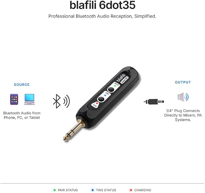 6dot35 Bluetooth Receiver with 1/4" TRS Output for Mixers | Receiver only, not a Bluetooth transmitter, aptX HD, TWS pairing, for PA systems and amps