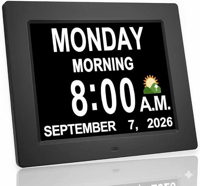 JALL 8" Large Digital Calendar Day Clock for Seniors 2026 - Easy to Read Alzheimer's Dementia Memory Loss Clock for Elderly with IPS Wide Angle，Day & Date, 12 Custom Alarms & Auto-Dimming, Black