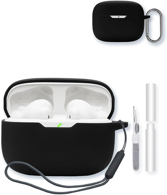 Case for JBL Vibe Beam 2 True Wireless Noise Cancelling Earbuds,Soft Protective,BOVUGAC Silicone Case Cover with Keychain & Cleaning Kit & Lanyard for JBL Vibe Beam 2-Black