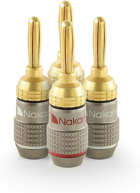 Nakamichi FanLock Excel Series 24k Gold Plated Banana Plugs 10 AWG - 18 AWG Gauge Size 4mm for Speakers Amplifier Hi-Fi Stereo Home Theatre Radio Audio Wire Cable Quick Connector, 4 Pcs (2-Pairs)