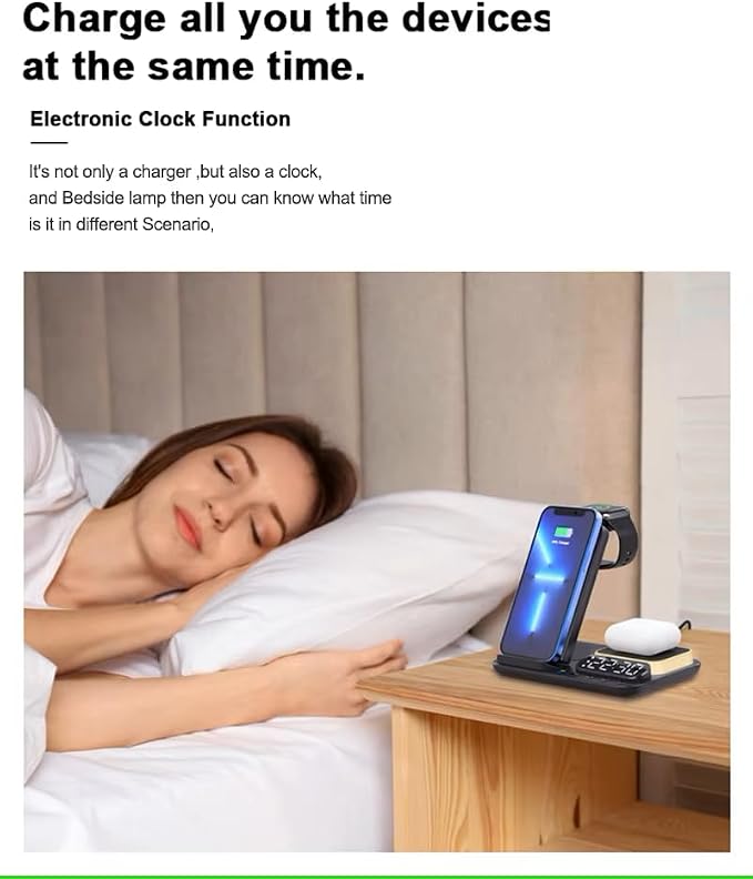 Tron 7-in-1 Wireless Charging Station with Clock, 25W Adapter, Night Light, iPhone/Watch/Earbuds Compatible, for Travel, Home, Office, and Bedroom – TR42