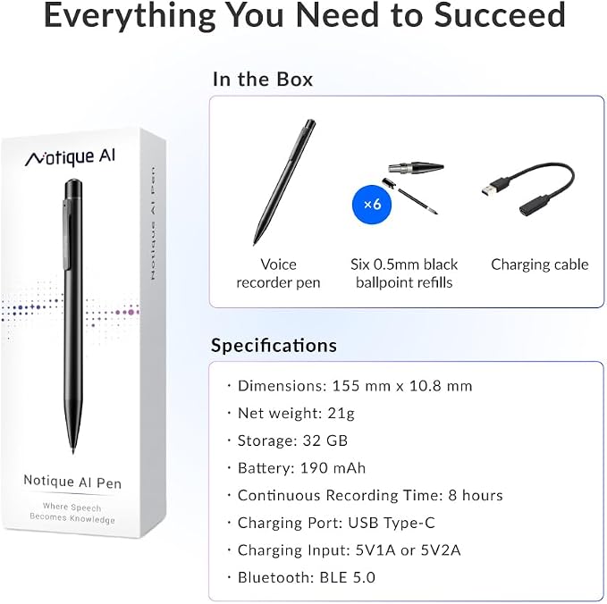 Notique AI Pen | Pocket AI Voice Recorder | Audio Recorder | Discreet Recording Device | AI Summarize & Transcribe for Multi-File & Meeting Timeline | No Monthly Fees