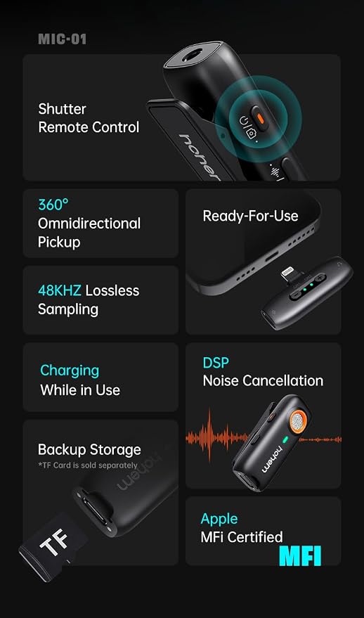 hohem MIC-01 Wireless Lavalier Lapel Microphone for iPhone iOS, with Noise Cancellation,MFi Certified,Remote Contro,Built-in Storage,20H Battery Life, Wireless Microphone for Live Stream (2TX+1RX)