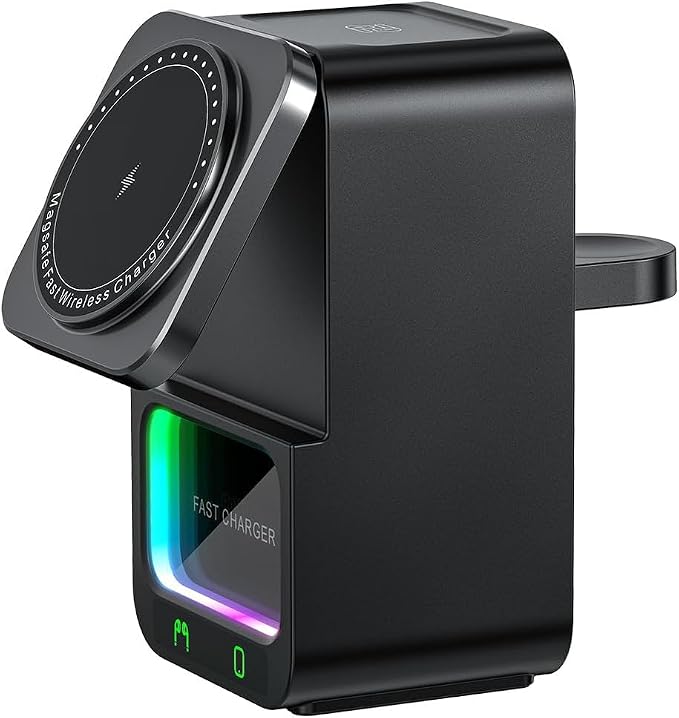 4 in 1 Magnetic Wireless Charging Station, Foldable Wireless Charger Stand with Bluetooth Speaker for iPhone 16 15 14 13 Series for AirPods 3/2/Pro for Apple Watch Ultra/SE/9/8/7/6/5/4/3/2/1 (Black)