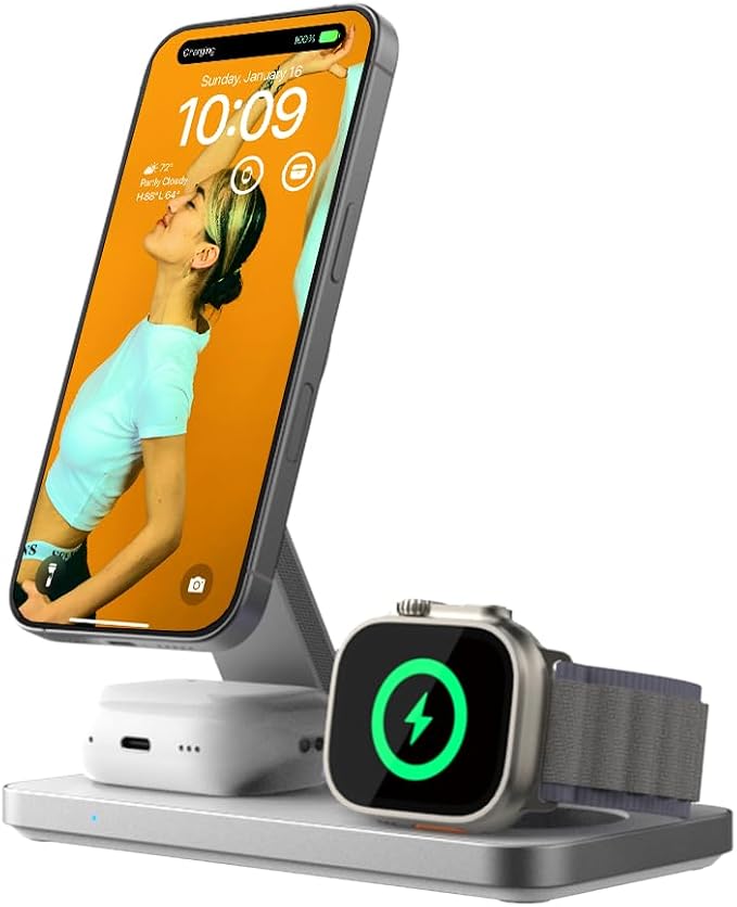 POUT Hands 7 PRO 3-in-1 Foldable Qi2 15W Wireless Charging Stand, Adjustable Angles, Compatible with MagSafe, for iPhone 17–12 Series, AirPods Pro/4/3, Apple Watch Ultra/SE/Series – Platinum White