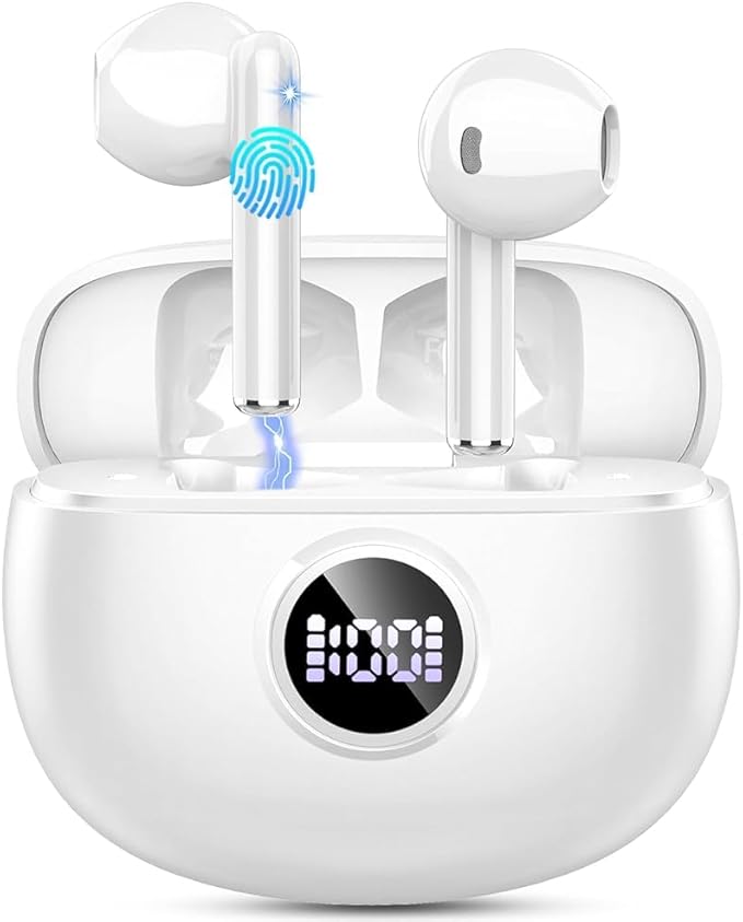 Wireless Earbuds, Bluetooth Headphones, Stereo Bass Ear Buds with ENC Noise Cancelling Mics, Bluetooth Earbuds with LED Display Charging Case, IP7 Waterproof Earphones for Android iOS/Light white